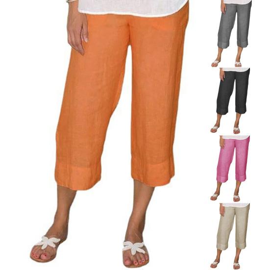 Women Pants Elastic Waist Mid-rise Wide-Leg Casual Pants with Pockets Solid Color