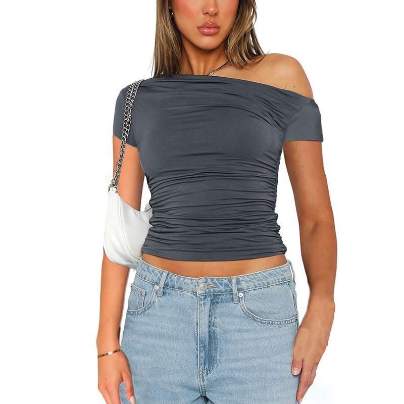 Summer Short Sleeve Slim Fit Casual Crop Tops New Slanted Shoulder Street Wear Women T-shirt Fashion Pleated T Shirt Solid Short Tees