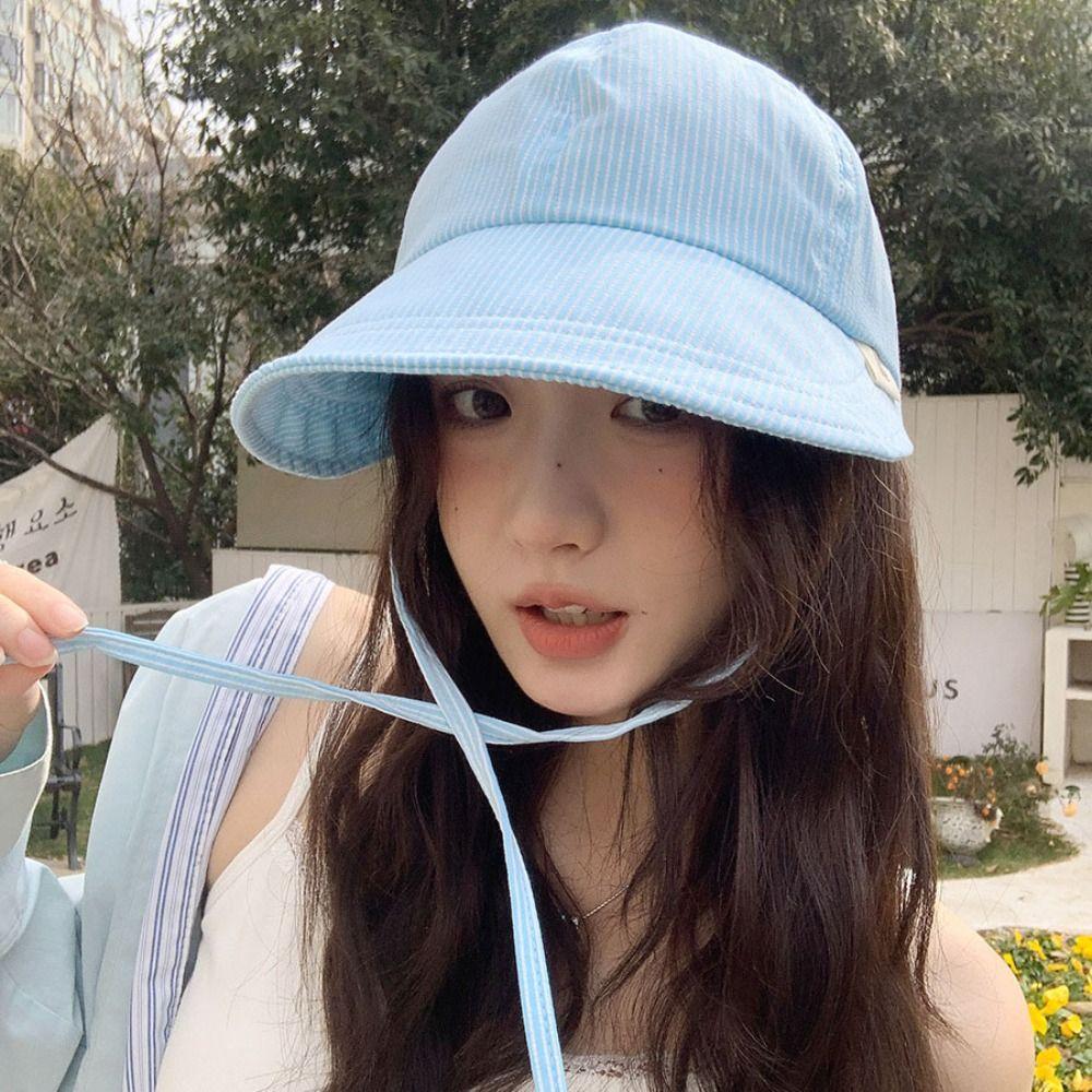 Wide Brim Striped Peaked Cap Drawstring Women Sun Hat Foldable Sunscreen Baseball Hat  Sports