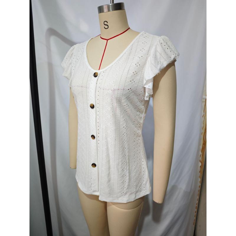 Womens V Neck Eyelet Embroidered Blouse With Short Flutter Sleeves Casual Button Down Top