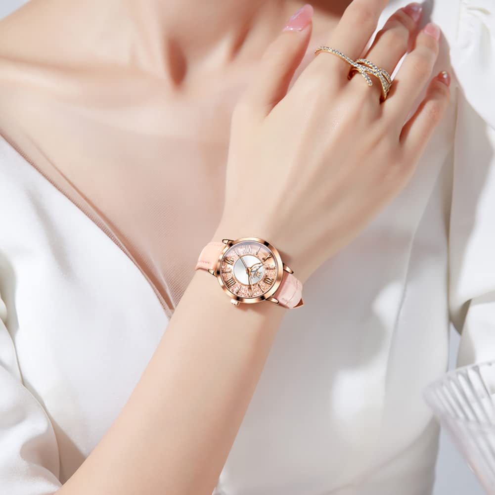 OLEVS Watch Popular Quartz Arm Watch Ladies Glitter Dial Diamond Quicksand Waterproof Luminous Present Day Watch for Women Pink Women's Mother's