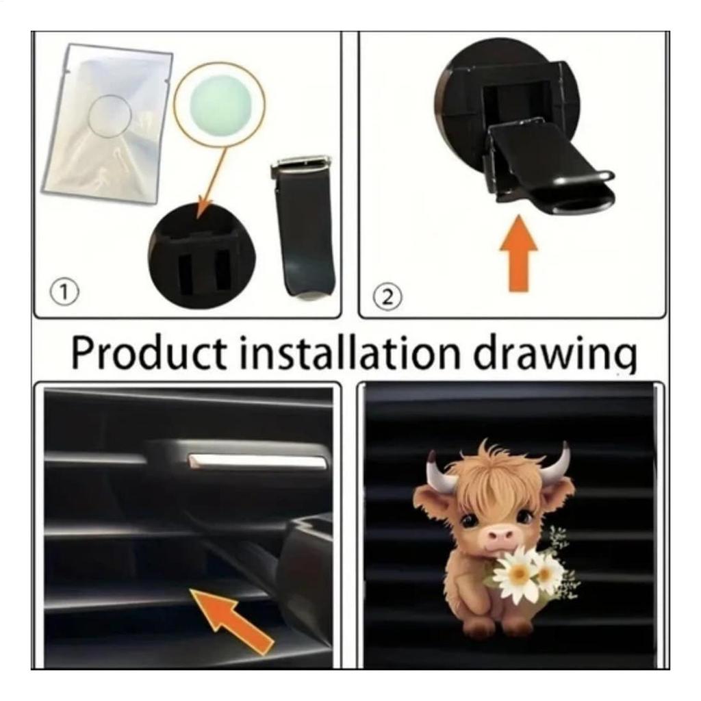 2D Niedlicher Highland-Kuh Auto Lufterfrischer Lüftungsschlitz-Clips, Langanhaltendes Parfüm Aromatherapie Diffusor für SUV Limousine LKW Innenraum