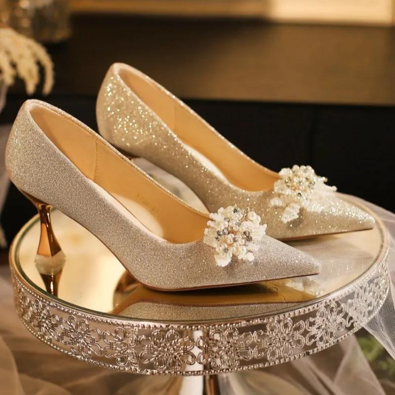 Fashion Women's Crystal Square Buckle High Heels Pumps 2024 Elegant Silk Thin Heeled Wedding Shoes Woman Slip on Pointed Toe Dress Shoes