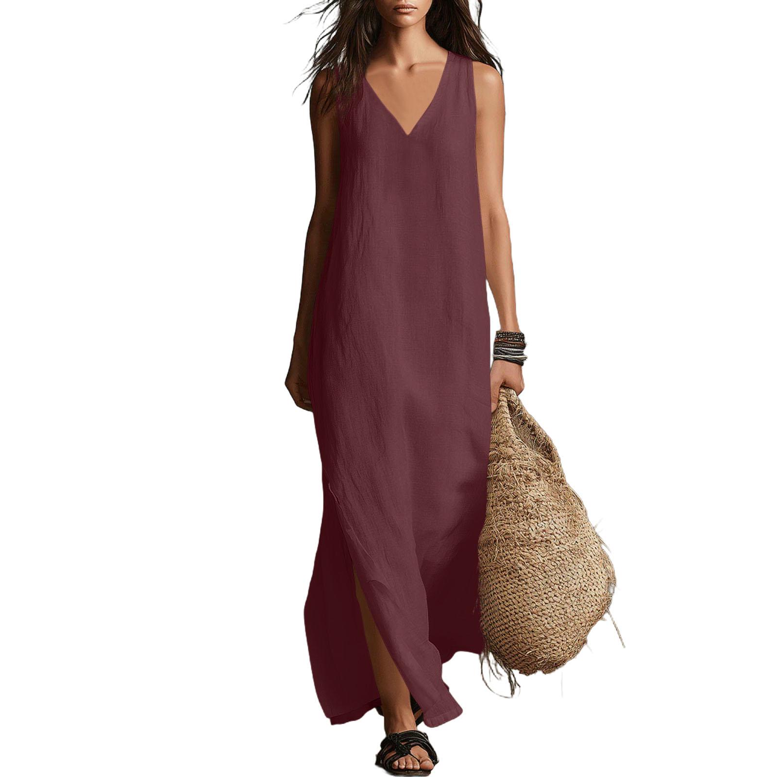 

Ladies Casual Sleeveless Cotton Linen V-neck Big Swing Dress S винний