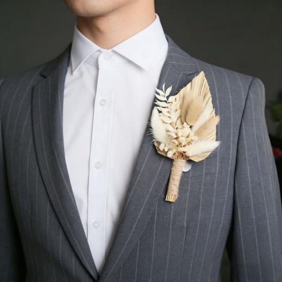 Gold Wheat Wedding Boutonniere Preserved Artificial Flower Lapel Pin for Groom Groomsman Rustic Floral Corsage for Wedding Party