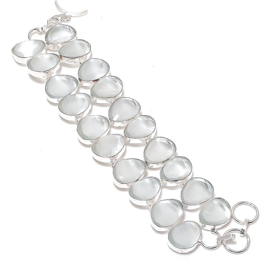 Natural White Chalcedony Gemstone 925 Sterling Silver Bracelet 7-8" k8m38