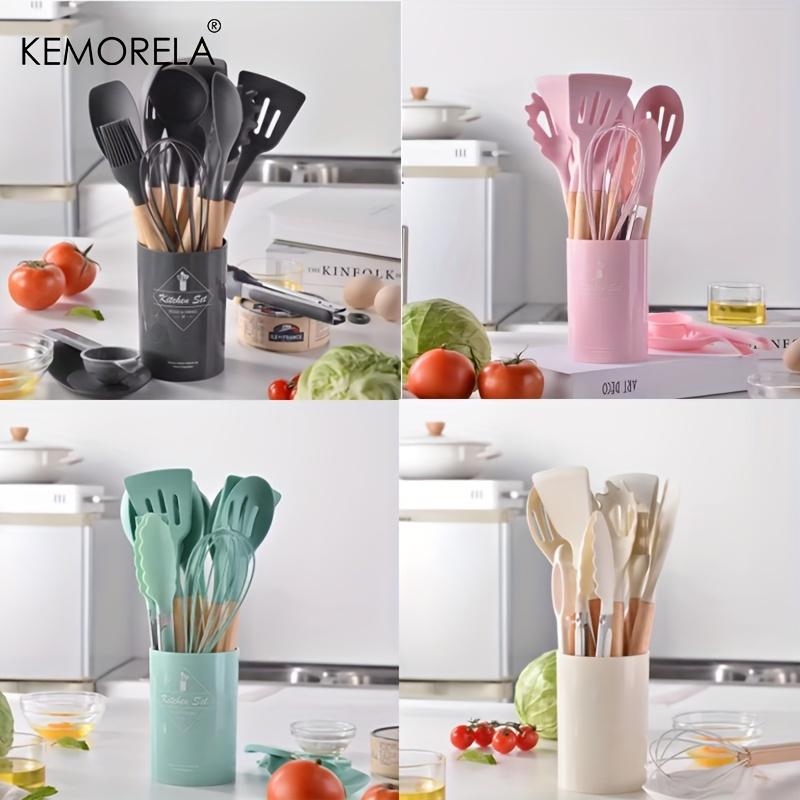 12PCS Silicone Kitchen Utensil Set with Wooden Handles Include Spatula, Spoon, Whisk, Whisking Pad, Heat Resistant, Durable