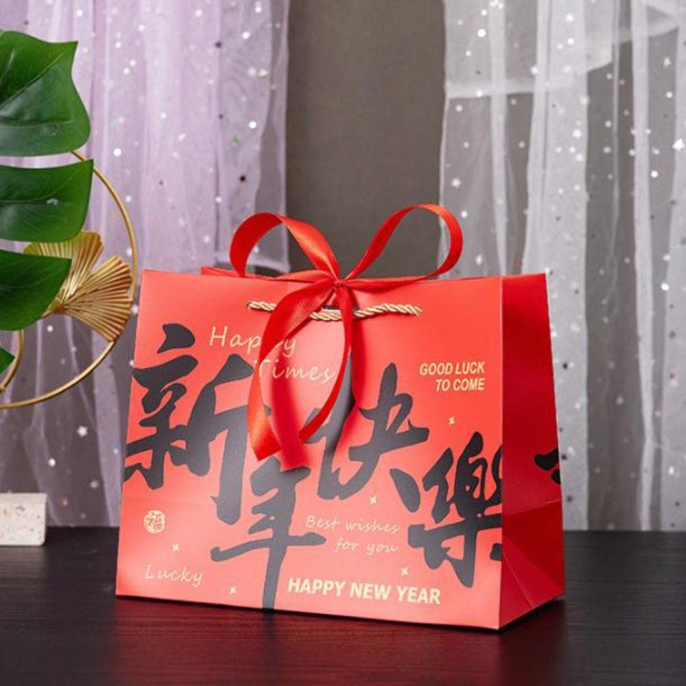 Durable Paper Gift Packing Bag Bow Ribbon Red Present Wrap Bag Convenient Portable Party Favor Bags Birthday Party Decoration
