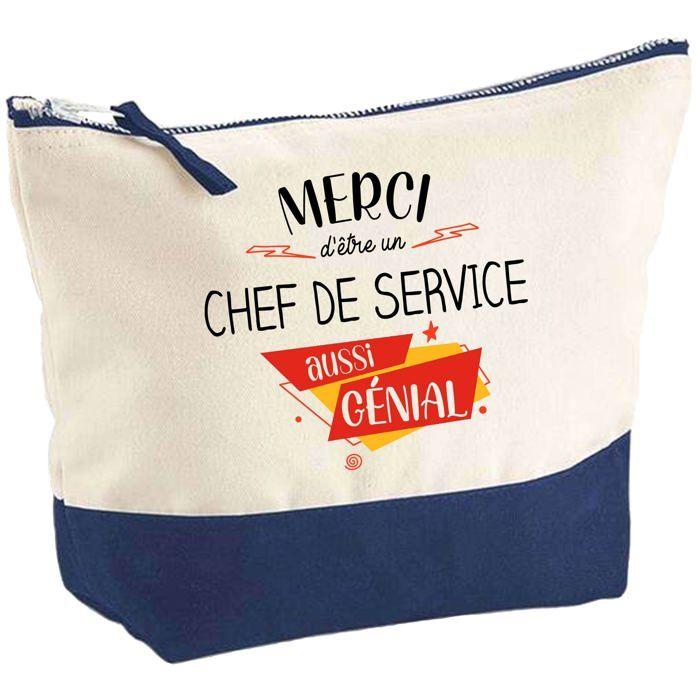 Trousse de maquillage - PLANETEE - Pochette fond bleu 'Chef de service Merci Génial' - Grand format - Coton - Impression HD France
