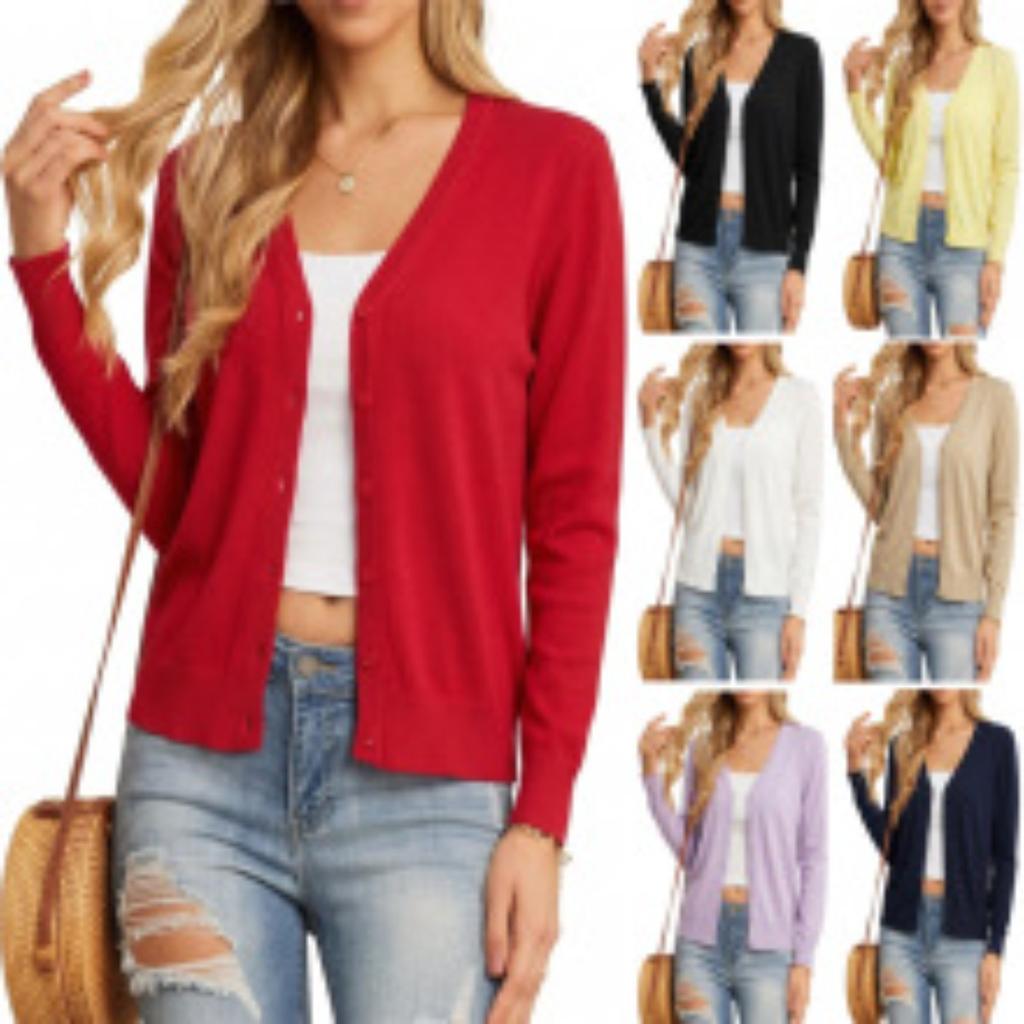 Women's Cardigans - Women's Long Sleeve Button Cropped Knit Cardigan, Elegant Tweed Style Short Sweater Coat, Daily Fashion Outerwear Women