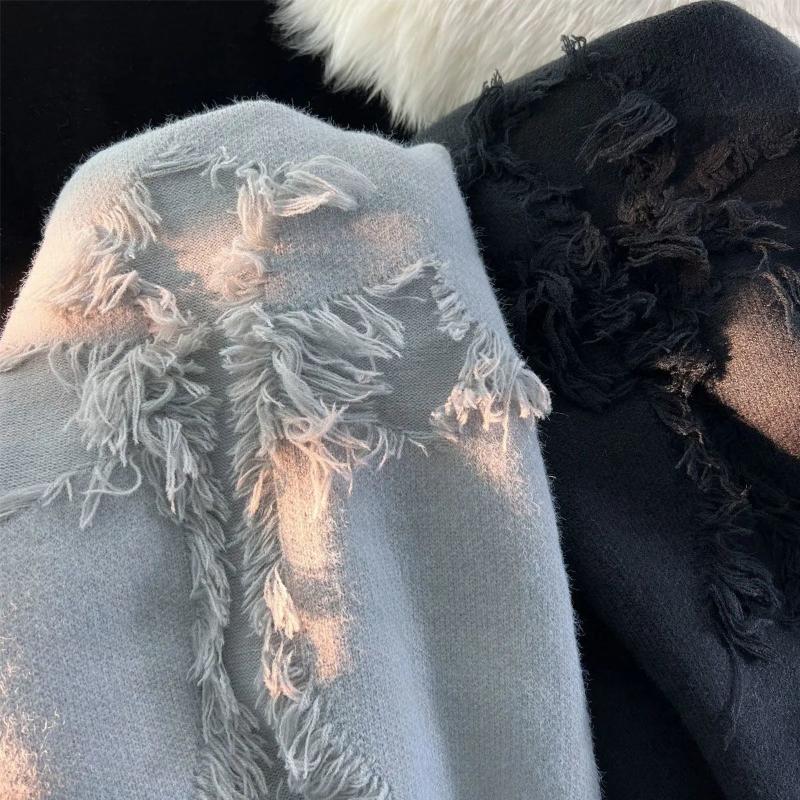 Autumn and Winter Men and Women Long Sleeve Sweater Round Neck Pullover Streetwear Men Retro Hole Fringed Sweater Loose Versatile Sweater
