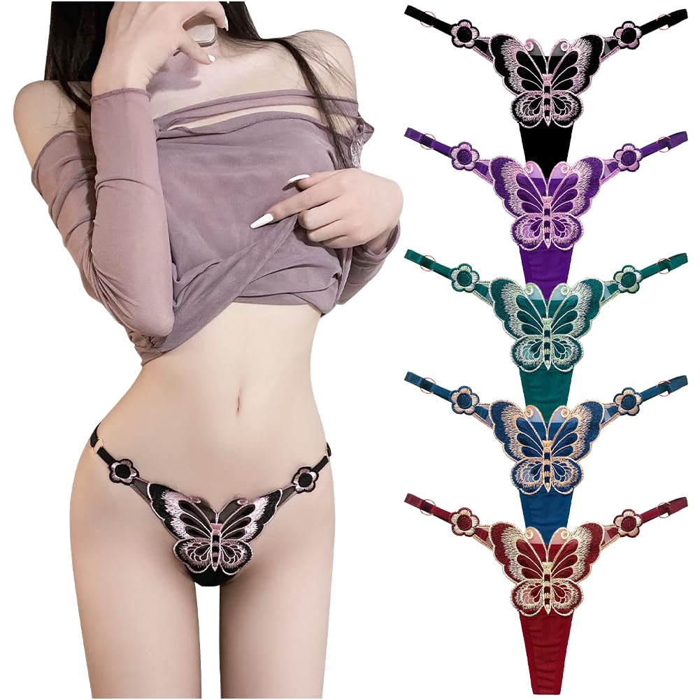 TUOTISI Sexy Beautiful Butterfly Set Women's T-Back Panties, See-Through Panties, Design, Elegant, 5-Piece (Size L)