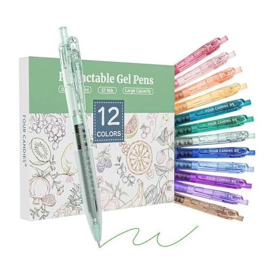 Four Candies Pastel Gel Pens, 0.5mm, 12-Color Set, Knock-Type, Quick-Drying, Smooth Writing, Comfortable Grip, Visible Ink Supply, Refillable, with