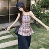 Korean retro red plaid waist suspender female summer spice girl style thin temperament vest chic shirt top