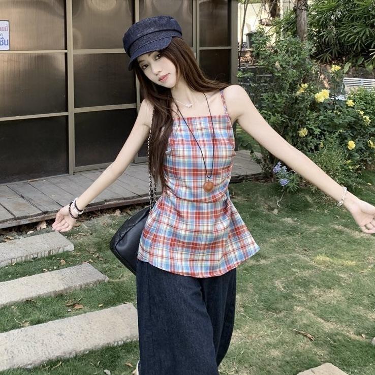 Korean retro red plaid waist suspender female summer spice girl style thin temperament vest chic shirt top