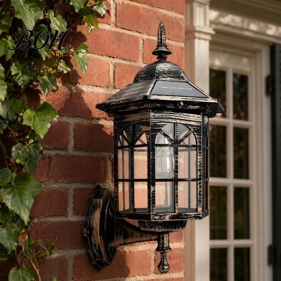 Energy Saving Solar Lantern Vintage Wall Light, Motion Sensor Outdoor Sconce with Glass Courtyard Lighting Shade, Waterproof Garden for Patio