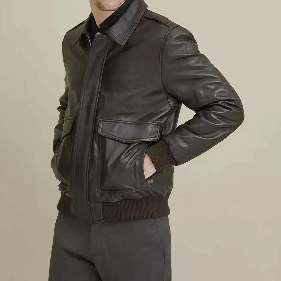 Biker Motorcycle Brown Handmade Genuine Lambskin Soft Leather Men Bomber Jacket