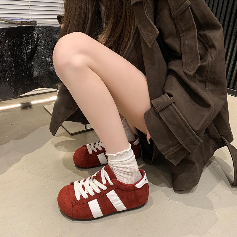 European matte soft leather big head lace-up bread shoes casual board shoes thin German training shoes flat shoes sports shoes women's shoes