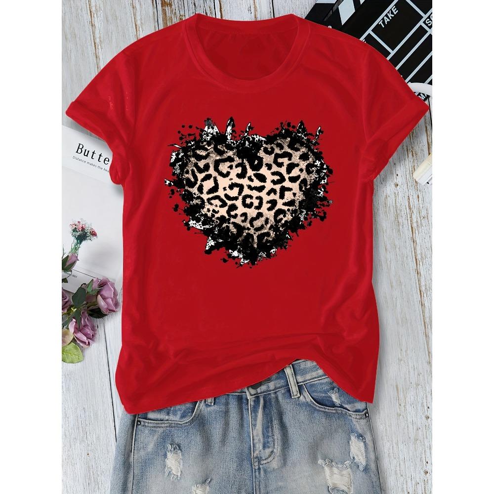 Damen Baumwolle Kurzarm T-Shirts Leopardenmuster Herz Damen Tee Ausgefallenes Grafik Casual Trendiges Top