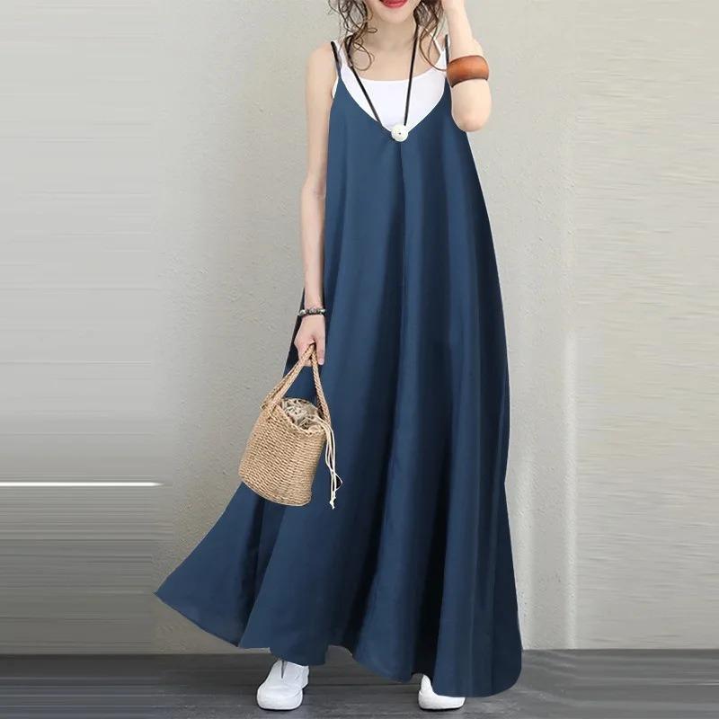 IHUASU Fashion Summer Spring Solid Color Print Sleeveless V-Neck Casual Dresses