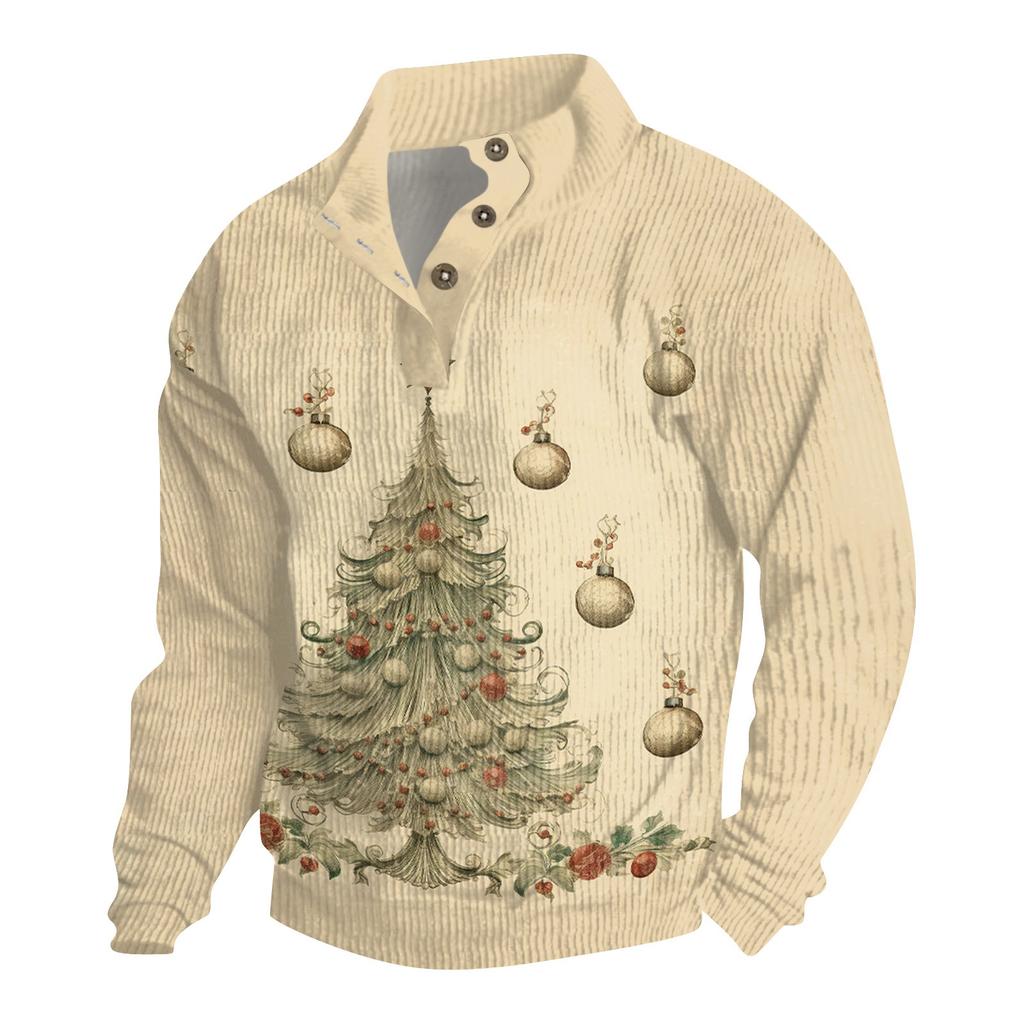 Men's Christmas Cotton Pullover Long Sleeve Outdoor Shirt Vintage Corduroy Button Stand Collar Shirt Casual Sweatshirt Christmas Print Top
