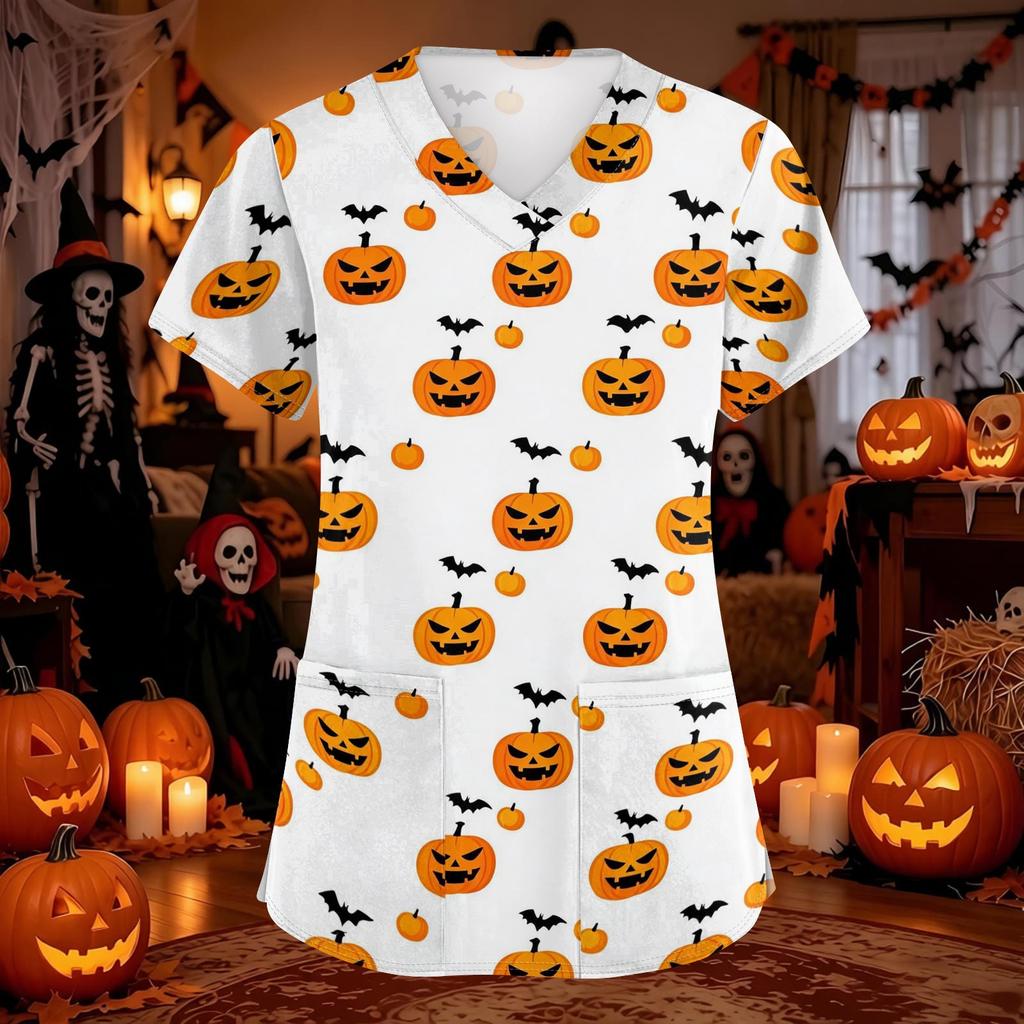 Women's Halloween Print Scrub Top with V-Neck and Pockets, Comfort Fit