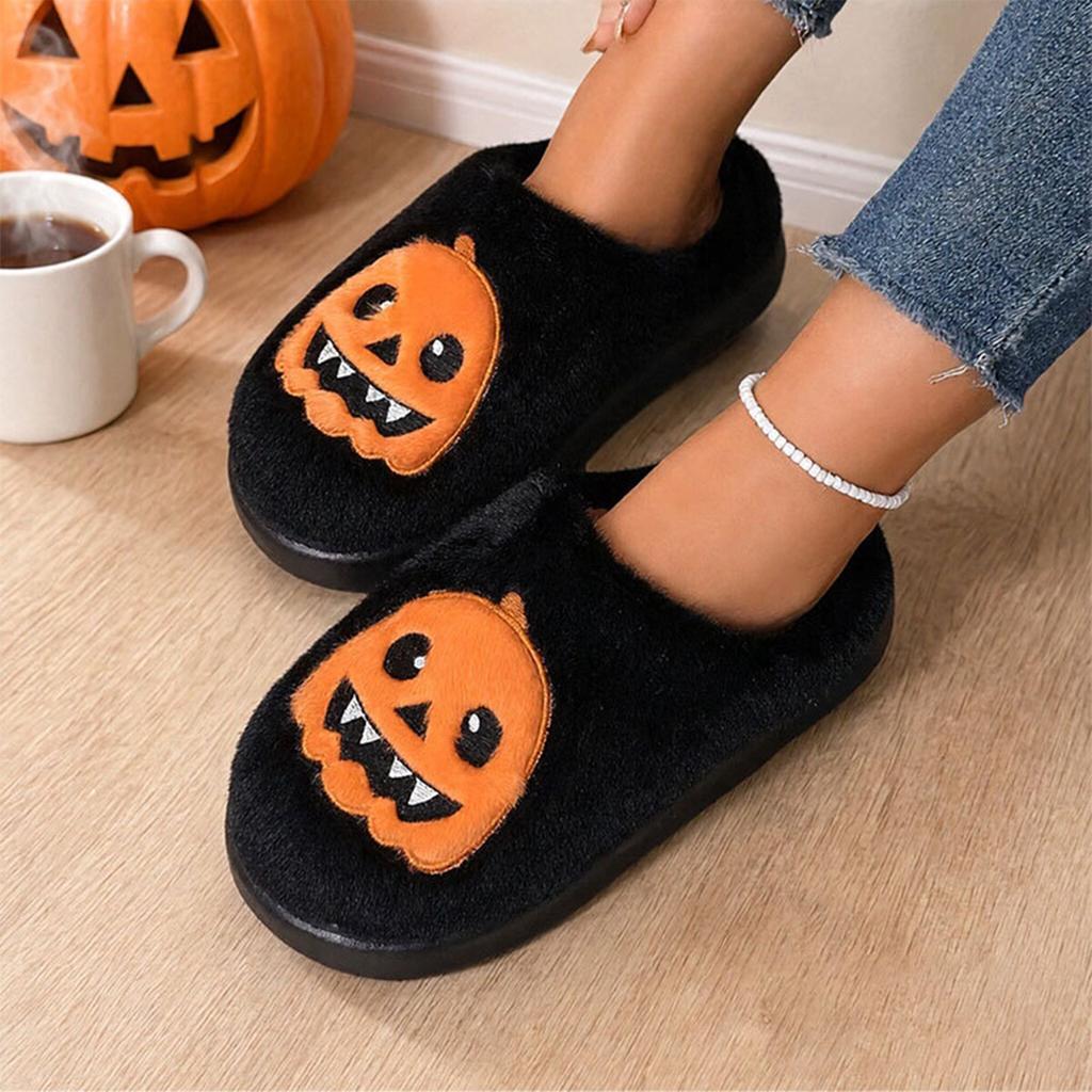 Women's Halloween Pumpkin Cotton Slippers for Home, Warm Winter Indoor Shoes