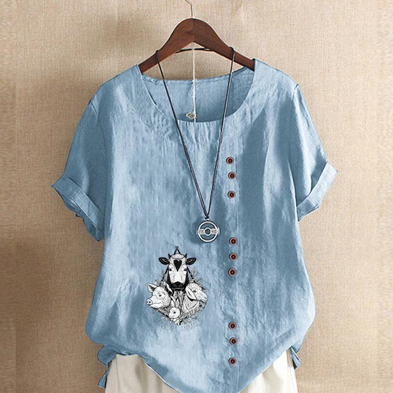 Women's Fashion Animals Prined Short Sleeve T-shirt Loose Cotton Shirt Casual Loose Summer Blouse Tops Plus Size