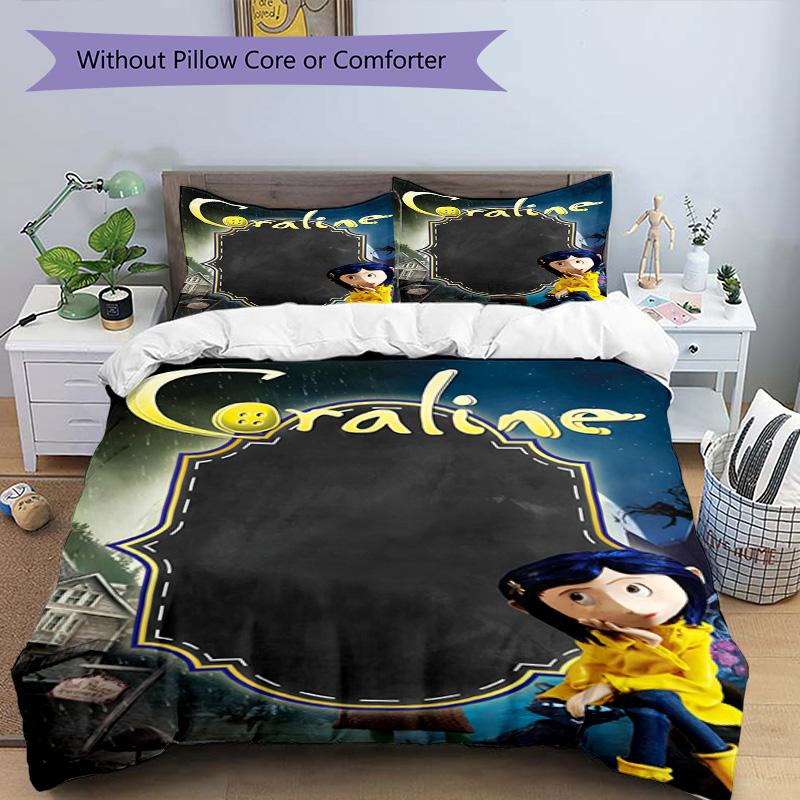 3pcs Duvet Cover Set (1*Duvet Cover + 2*Pillowcase, Without Core), Coraline Print Bedding Set, Bedroom Decor, All‑Season, Birthday Gift