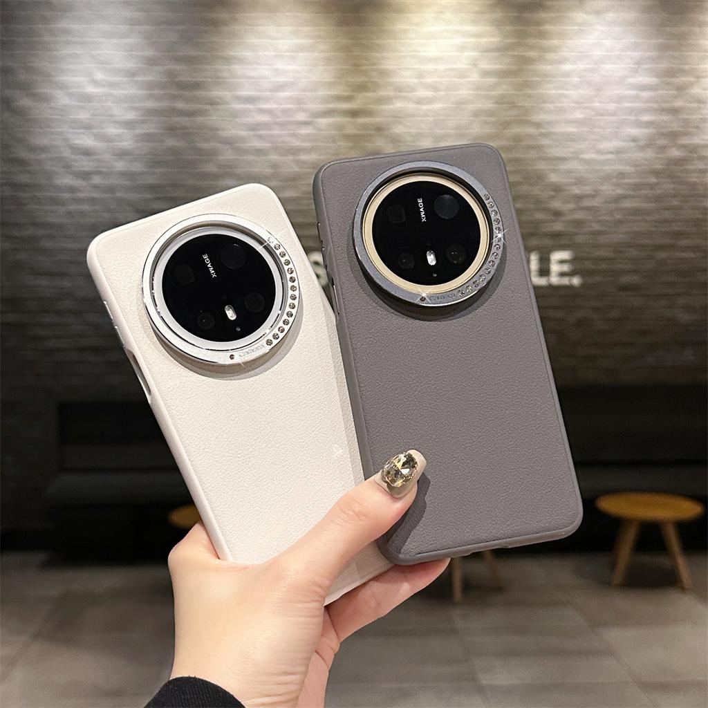 Suitable for Huawei Mate70 Plain Leather Phone Case, Metal Diamond Lens Ring, P70pro/mate60