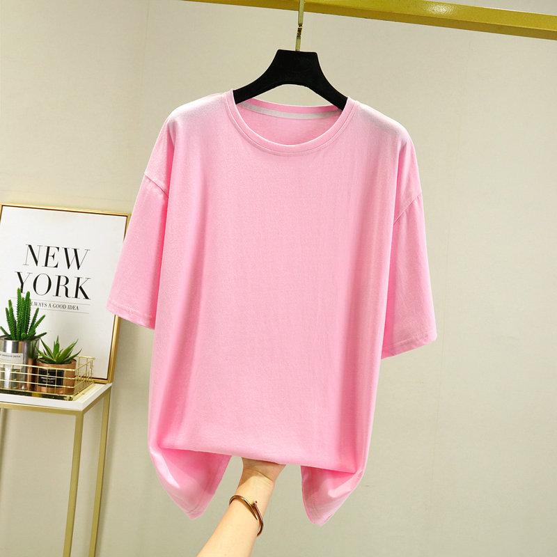 

2022 Европейский стиль женская футболка больших размеров повседневная однотонная с коротким рукавом летняя футболка Plus Size розовый