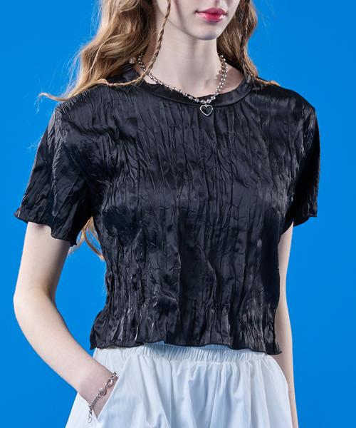 KOLEAT Chiffon Cooling Marmont Crop Plain Short Sleeve T-Shirt [Black]