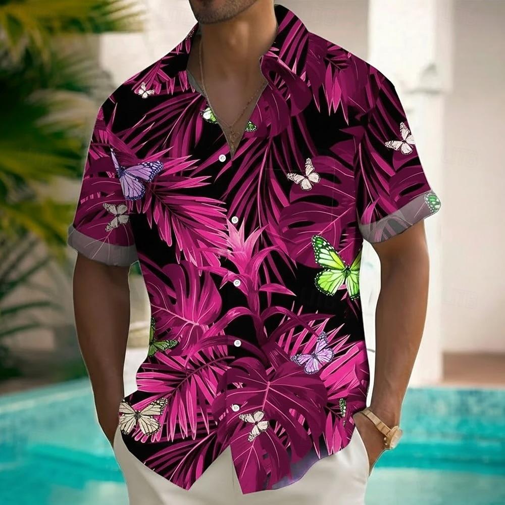 Herren Palmenblatt Tropisch Floral Hawaiianisches Hemd, Kurzarm 3D-Druckhemd mit Brusttasche