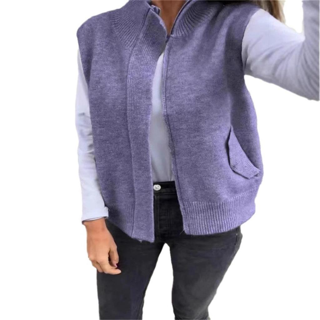 Winter Women's Stand Collar Zip Knitted Vest Loose Casual Open Front Sweater Gilet for Autumn Winter