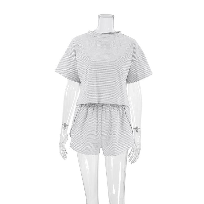 Summer Women's Stripe Pajamas Set Autumn Short Sleeve T-Shirt and Shorts Sleepwear 2 Piece Set for Women Home Casual Loose Round Neck Pajamas