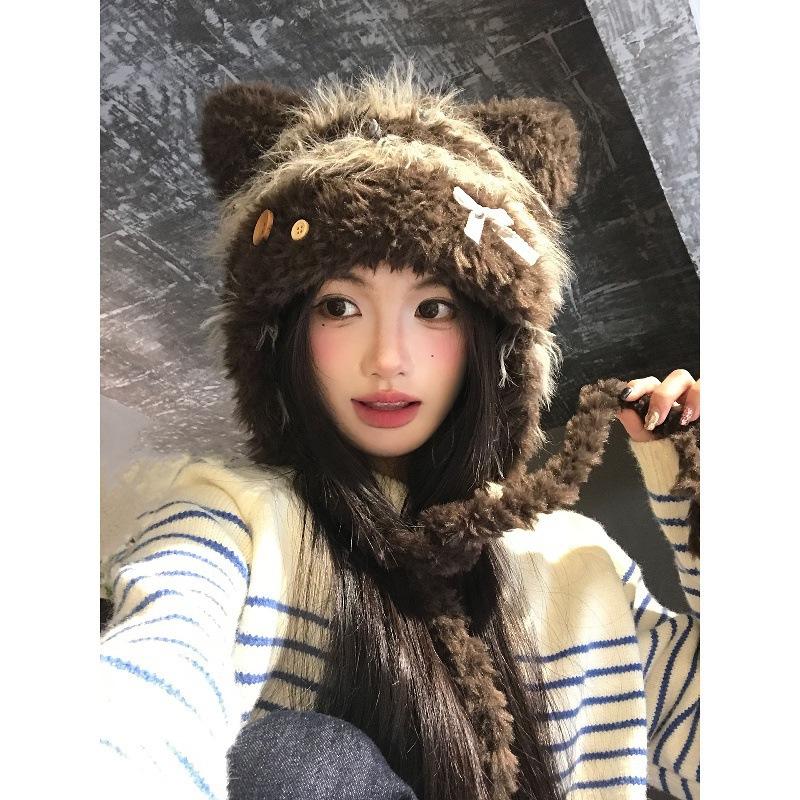 New autumn and winter sweet and cute cat ears bow plush hat women's warm face small ear hat tide