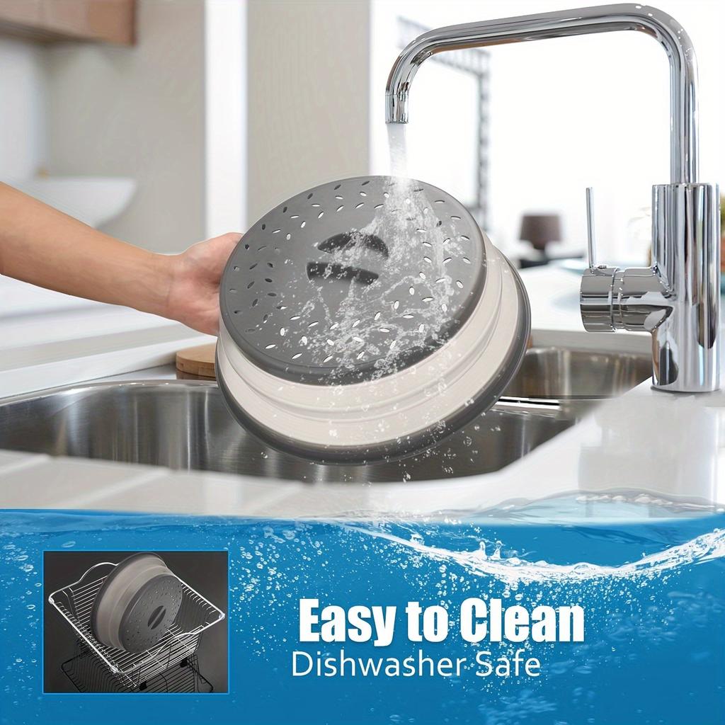 10.5 Inch Round Multi-Ply Collapsible Microwave Food Cover with Steam Vent and Strainer Easy-to-Carry Design with Handle - Perfect for Cooking
