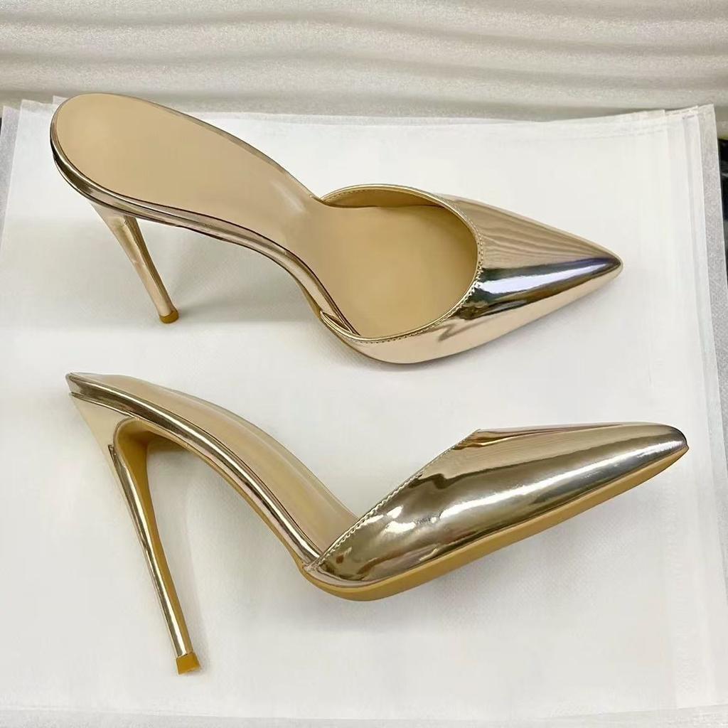 Hohe Qualität 8/10/12cm Stiletto High Heels Mules Damen Lackleder Hochzeit Braut Glitzernde Mules Luxus Designerschuhe für Damen