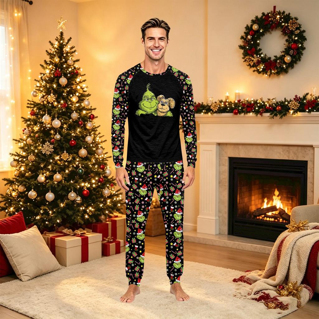 Family Matching Christmas Print Pajama Set Long Sleeve Neck Top and Pants for Kids and Adults