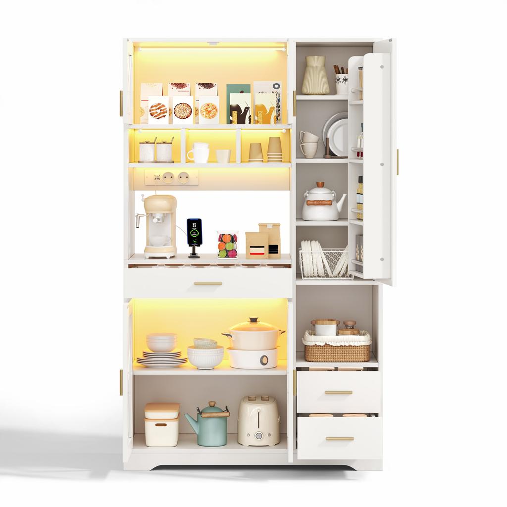 Kitchen Cabinet In Barn Style, Storage and Display Cabinet with Adjustable Shelves, Drawer, Color-Changing LED and Sockets, 185 × 105 × 40 Cm.
