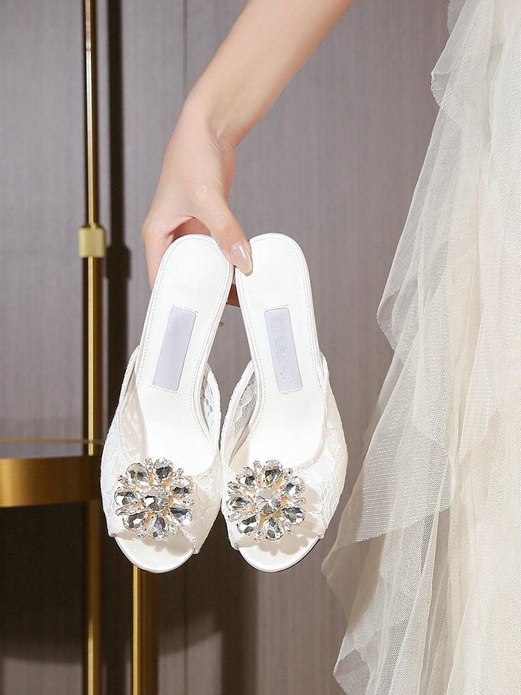 Fashion Women'S Summer Rhinestone Lace Round-Toe High Heels, Mesh Fabric Breathable Rhinestone Thin Heel Sandals