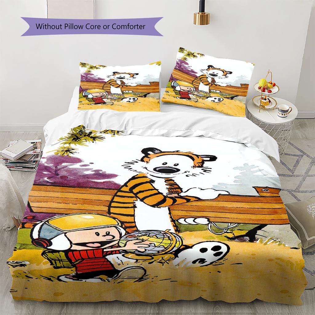 Calvin and Hobbes Pattern Bedding Quilt Set Quilt Cover Pillowcase Home Decoration Gift (1 * Duvet Cover + 2 * Pillowcase, Without Core)