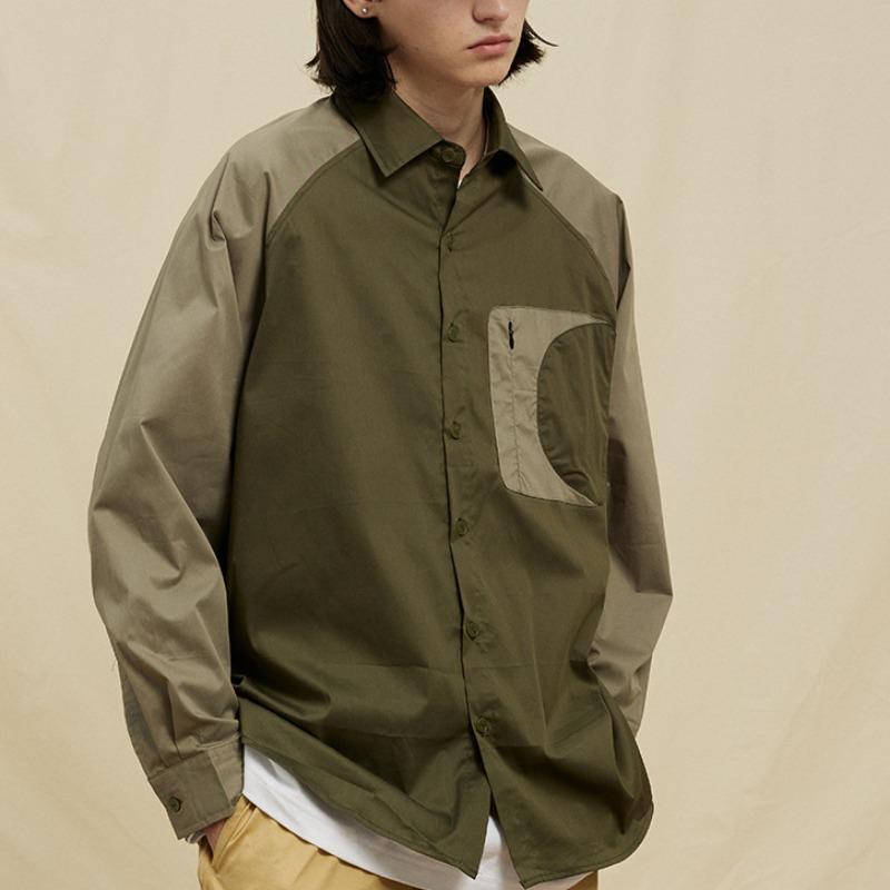 

Весна и осень, новая мужская универсальная рубашка свободного покроя с цветными блоками и рукавами реглан и лацканами XL зелёный