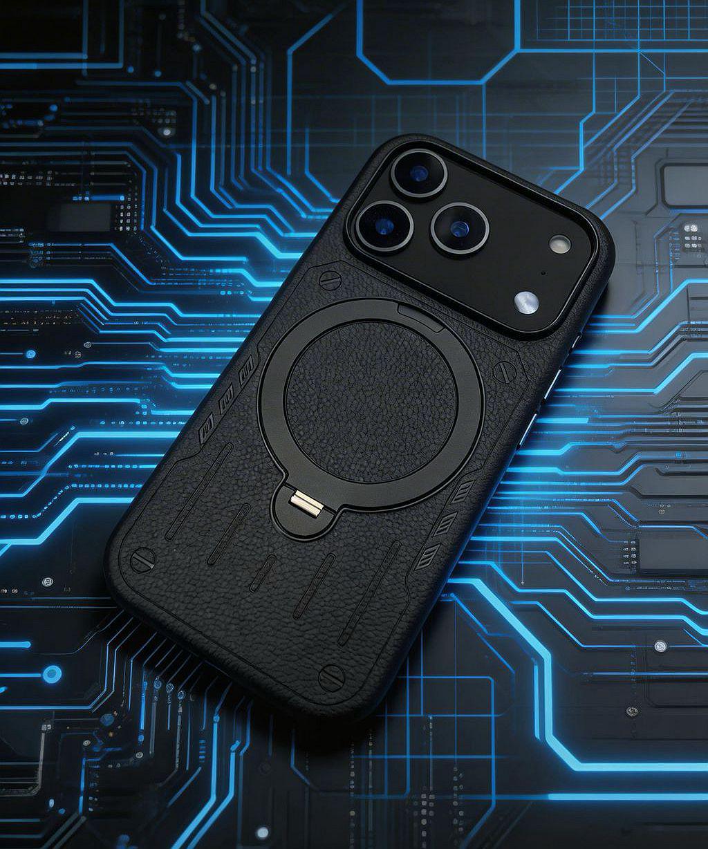 

Mecha Style iPhone 17 Pro Max Case with 360° Magnetic Stand and Leather Texture Protection iPhone 17 Pro чёрный