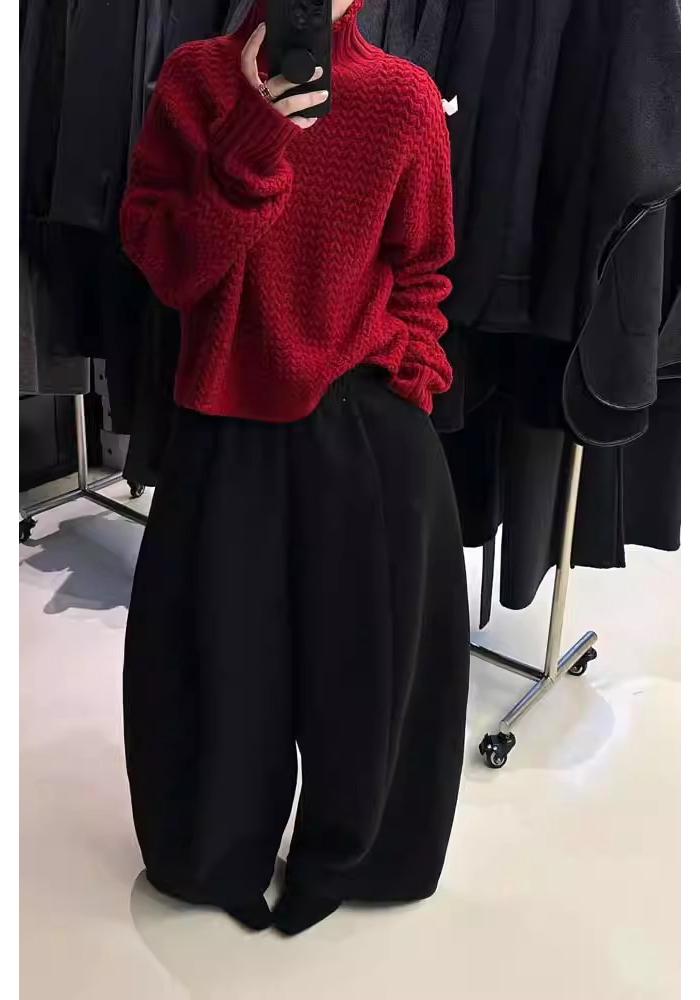 Women's European-Style Red Wool Sweater, High Neck, Loose Fit, Thick Jacquard Knit, Cashmere Base Layer Top