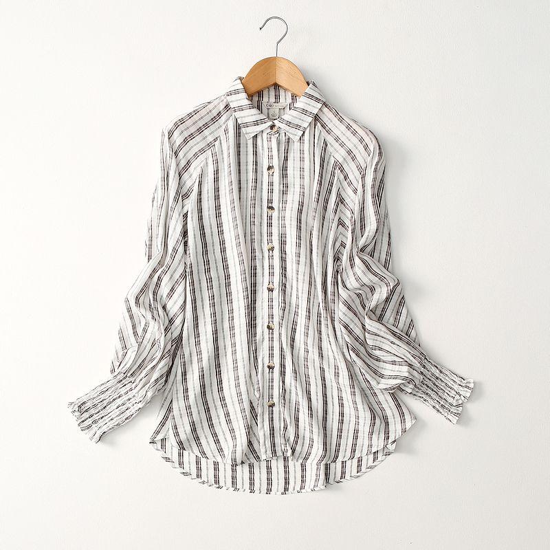 

Export Export Loose and Simple Vertical Striped Cotton Silk Shirt Long Sleeves Batwing Artificial Cotton Shirt Plus Size Women s Clothing Gray vertical bar European code -26/28