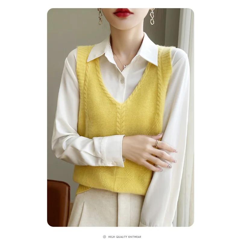 Women's New Spliced Pullover V-neck Fashionable Solid Color Versatile Casual Loose Sleeveless Vest Top