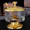 Seasoning Jar,Golden Alloy With lid Glass Tall Feet Salt Container,Coffee Beans Storage Jar,Kitchen Desktop Decoration Tools
