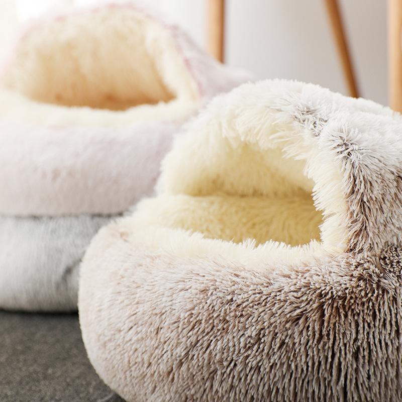 Winter Long Plush Pet Cat Bed Round Cat Cushion Cat House 2 In 1 Warm Dog Basket Cat Sleep Bag Cat Nest Kennel For Small Dog Cat