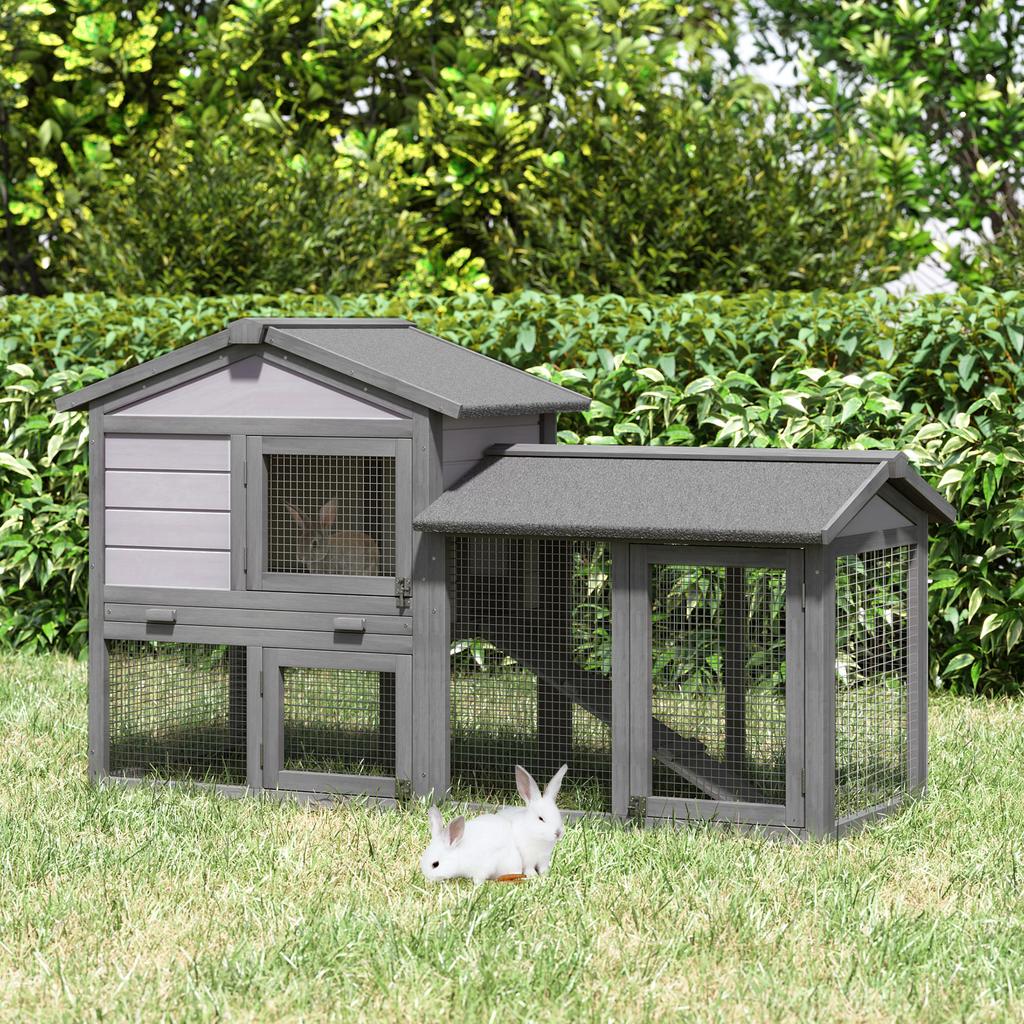 Outdoor Wooden Rabbit Hutch with House, Open Enclosed Space and Roof 147x54x84cm